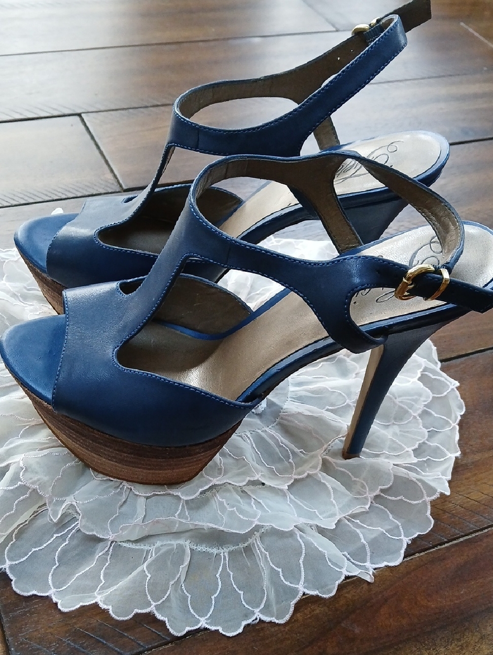 Leather Navy Open-Toe T-Strap Platform Sandals with Ankle Buckle